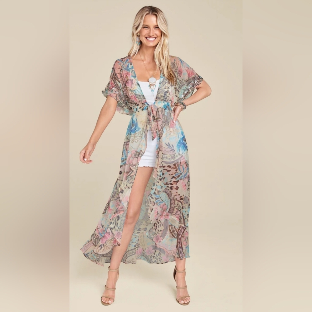 NWT VENUS Pink Multicolored Paisley Floral Sheer Maxi Kimono